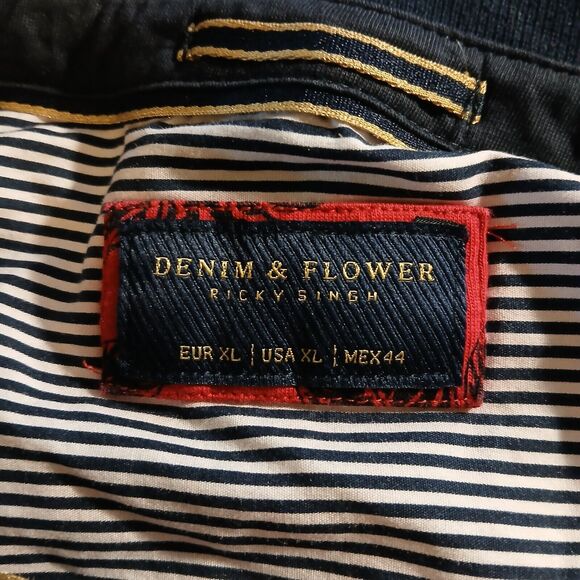 Denim & Flower Ricky Singh Mens XL 1/4 Button Short Sleeve Red Hawaiian With Blk - Picture 7 of 11